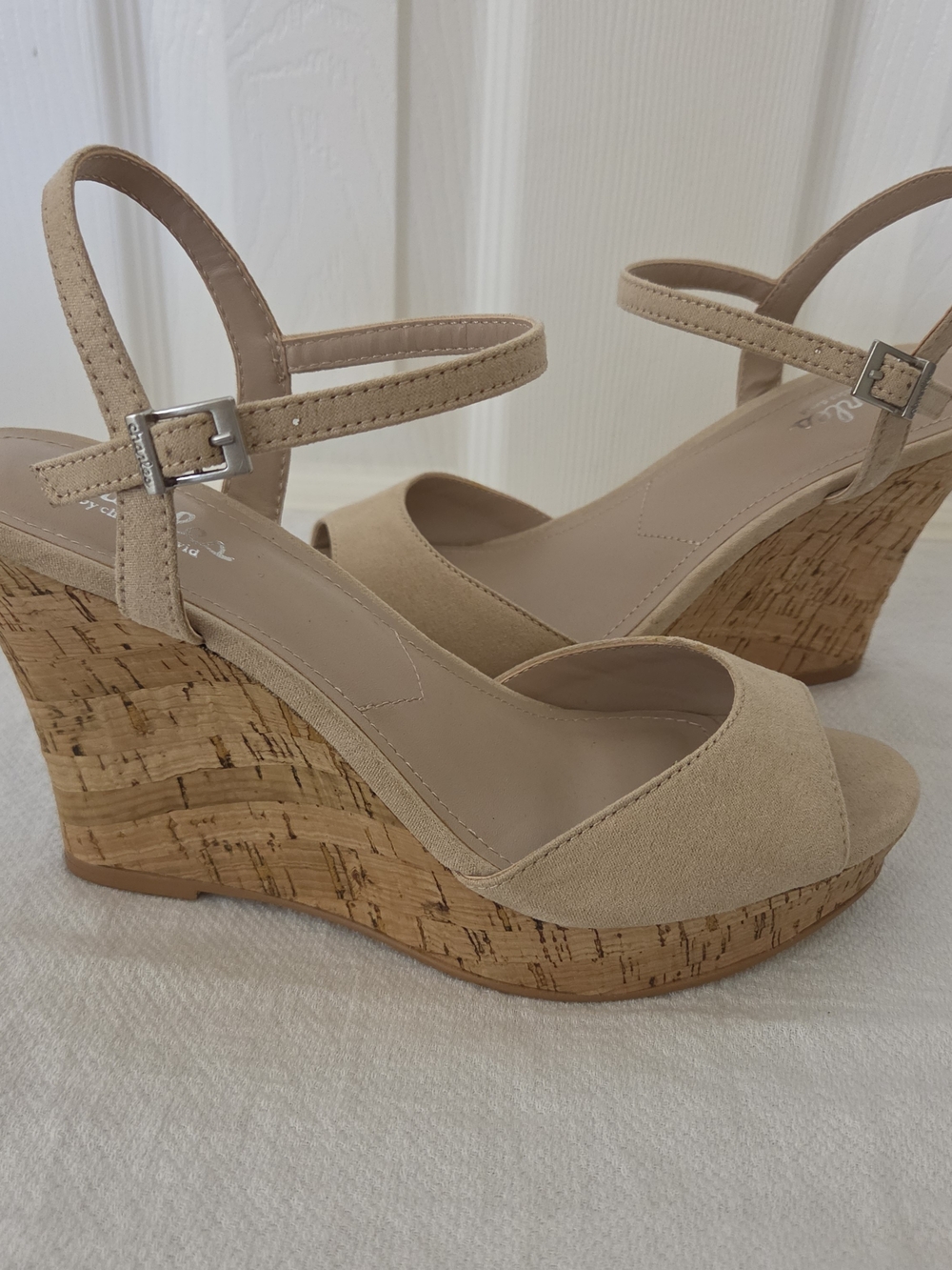 Charles David Beige Cork Wedge Sandals with Ankle Strap